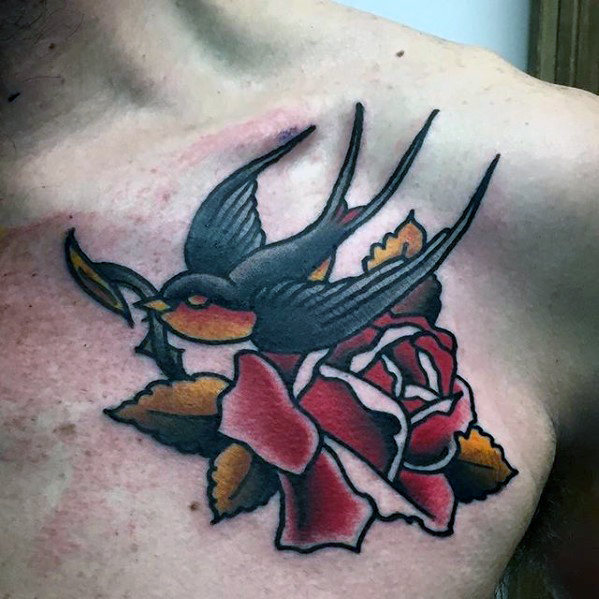 Traditional Vintage Swallow With Rose Flower Male Upper Chest Tattoo