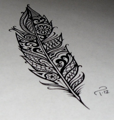 Tribal Black Ink Owl Feather Tattoo Design