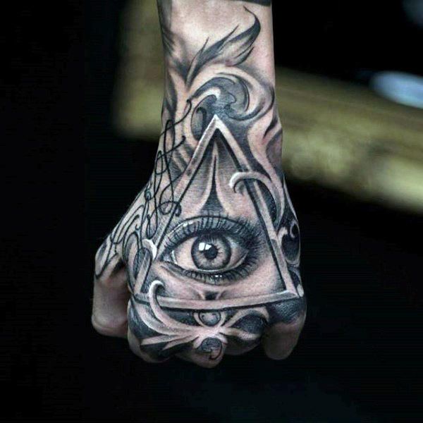 Unique Grey Ink Illuminati Hand Tattoo For Men