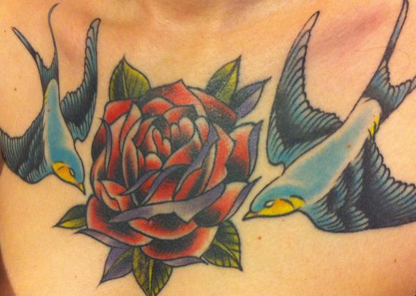 Vintage Colored Rose And Swallows Tattoo Design