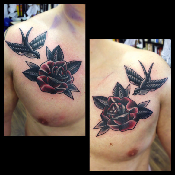 Vintage Old School Dark Red Rose & Swallow Tattoo On Male Chest