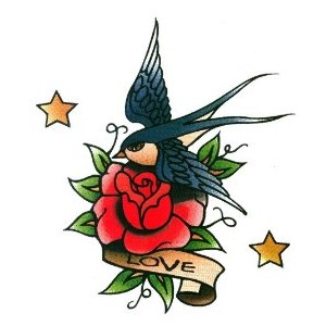 Vintage Red Rose & Blue Swallow with Love Banner Tattoo Design