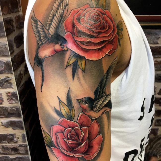 Wonderful 3D Colored Roses & Swallows Tattoo On Man Half Sleeve