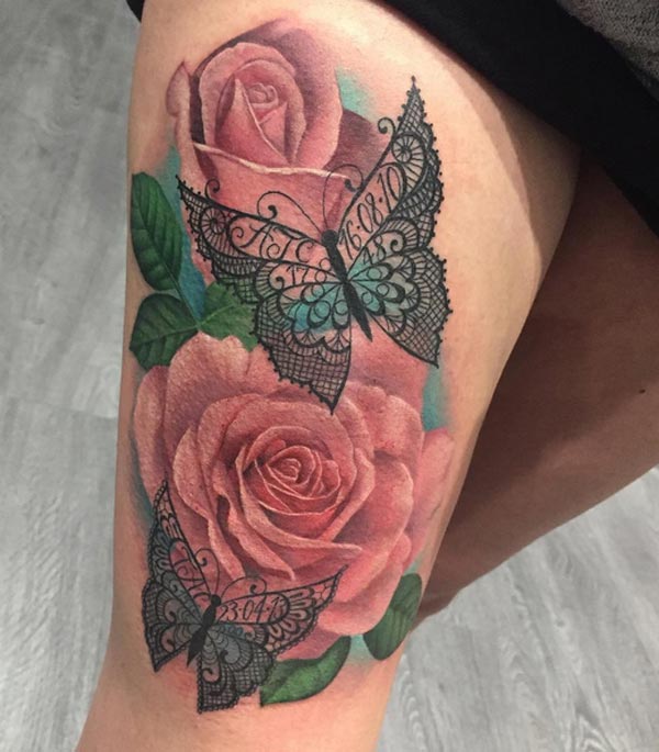 Wonderful 3D Realistic Pink Roses With Black Outline Butterflies Tattoo On Thigh