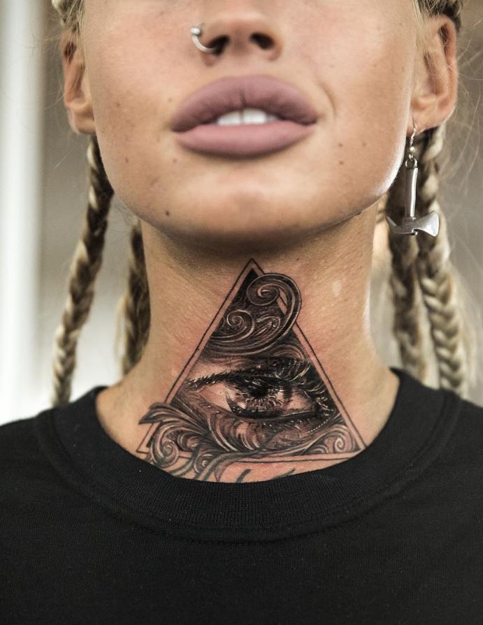 Wonderful Black Ink Illuminati Tattoo On Neck