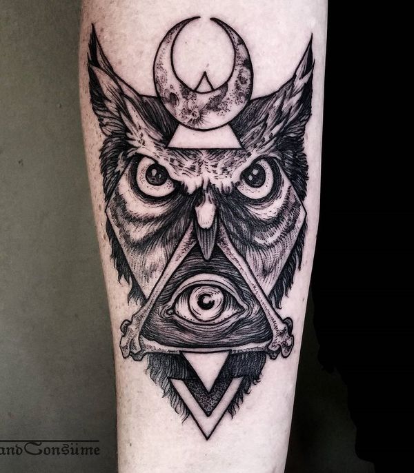 Wonderful Grey Ink Owl Head Illuminati Tattoo On Forearm