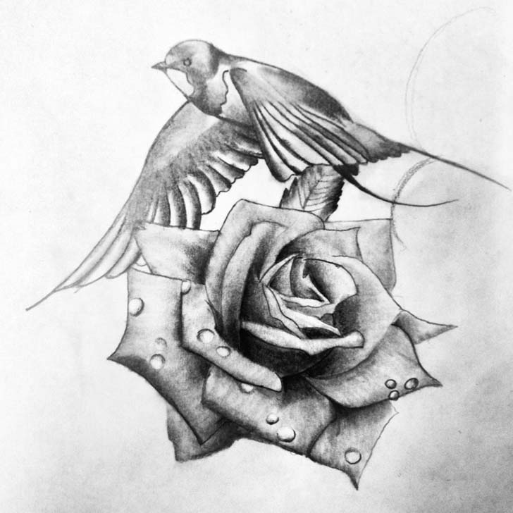 Wonderful Grey Ink Realistic Rose & Swallow Tattoo Design