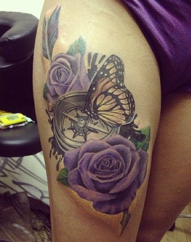 Wonderful Realistic Purple Rose With Butterfly & Compass Tattoo On Thigh For Girls