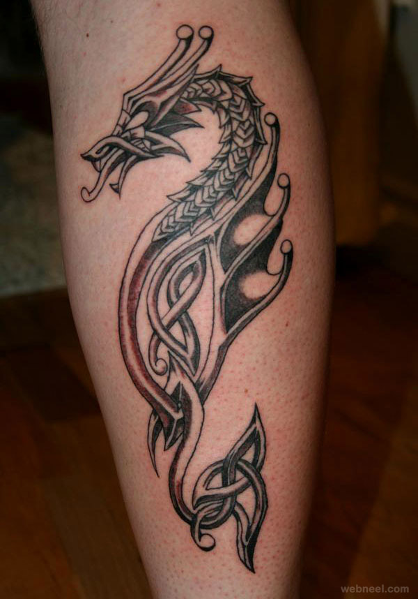 3D Dragon Tattoo With Celtic Knots On Calf (Leg)