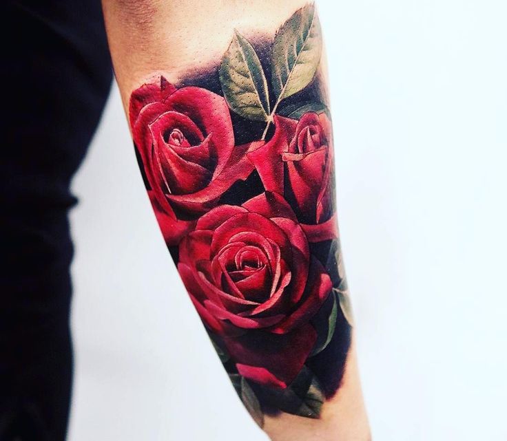 3D Realistic Red Roses With Green Leaves Outer Forearm Tattoo