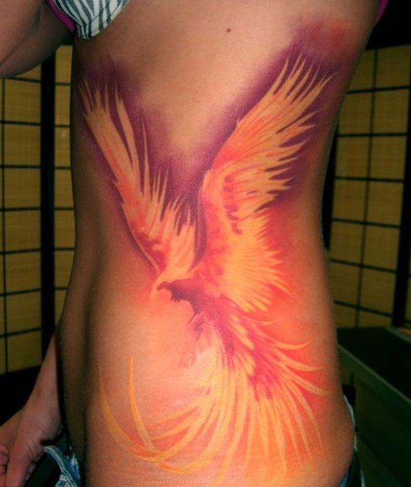 3D orange and white rising phoenix tattoo on girl side body