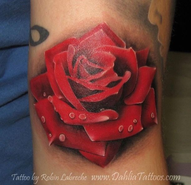 3D red rose with dew drops tattoo by Robin Labreche