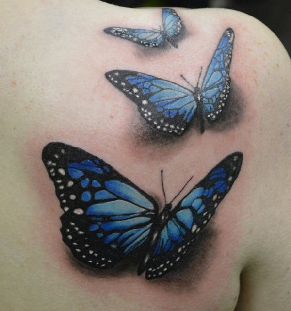 3D three blue butterflies on girl’s shoulder
