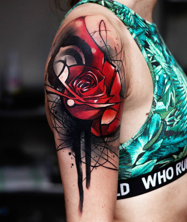 Abstract Arm Red Rose Tattoo Design For Girls
