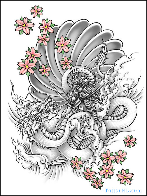 Adorable Grey Ink Dragon And Flowers Tattoo Design