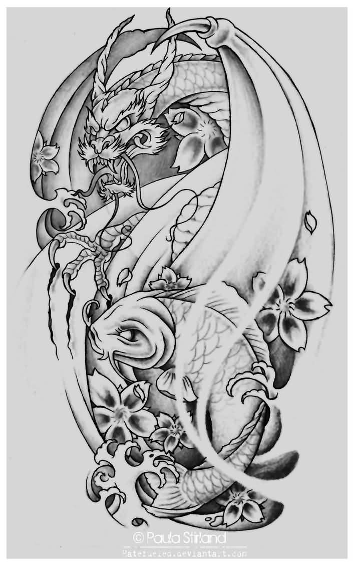 Amazing Grey Ink Koi Fish With Dragon And Flowers Tattoo Design