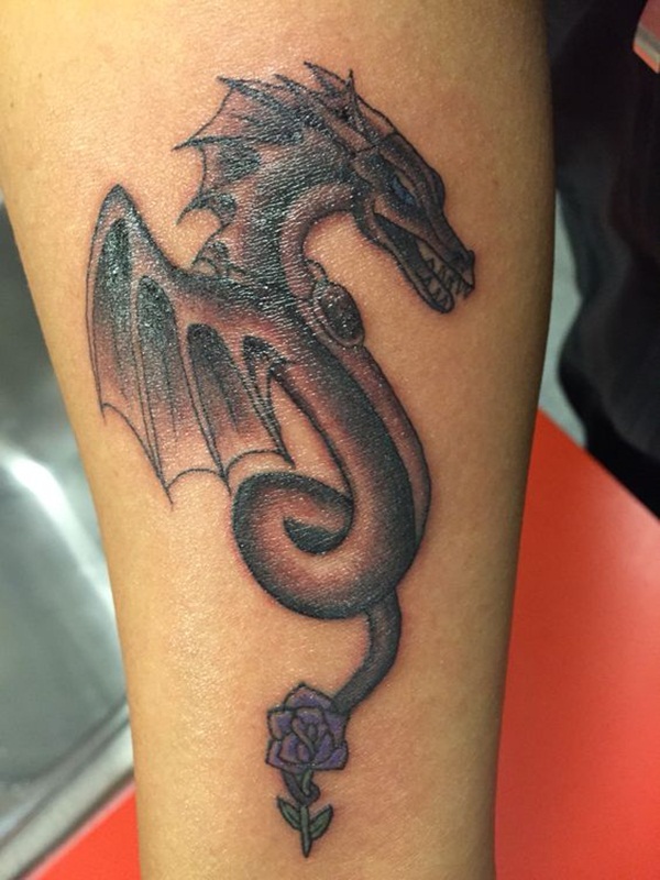 Amazing Grey Shaded Dragon With Purple Flower Tattoo on Forearm