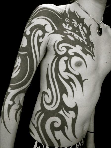 Amazing Tribal Dragon Tattoo On Full Right Sleeve & Body
