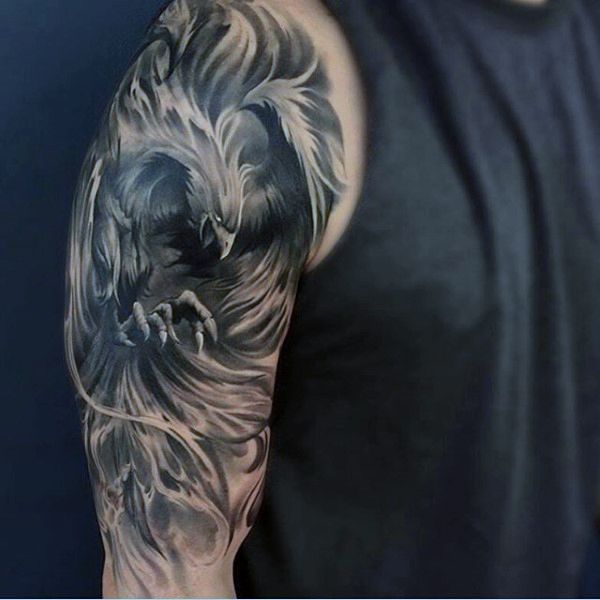 Amazing grey ink realistic phoenix tattoo on male half sleeve