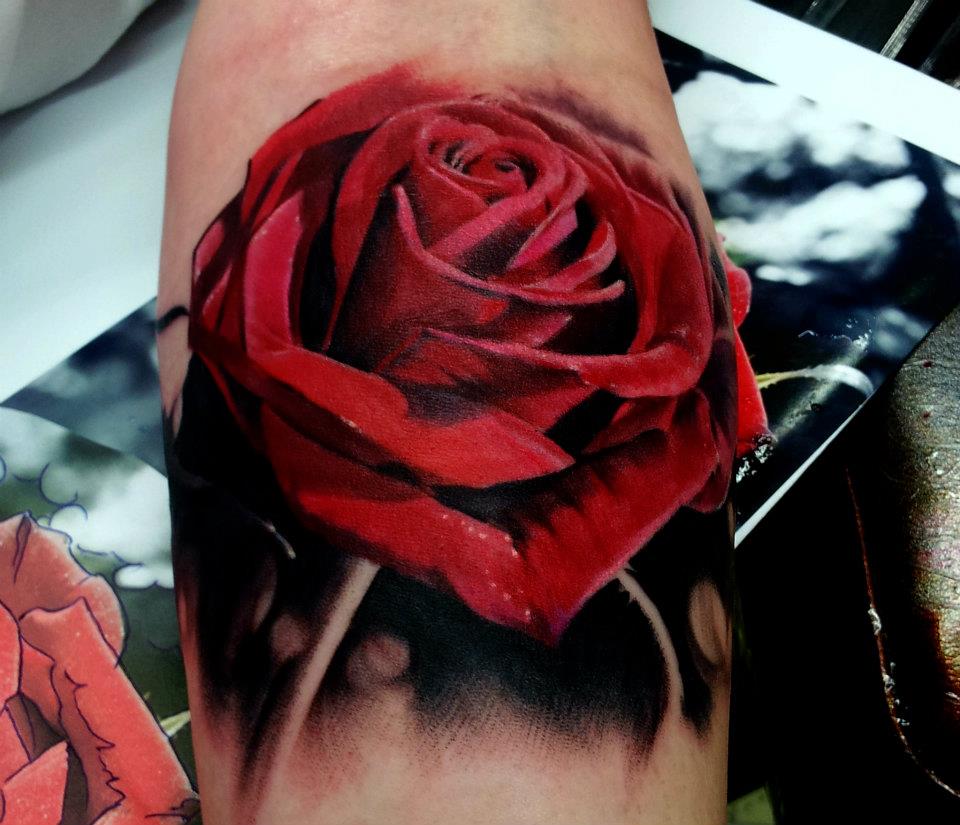 Awesome 3D Red Rose Tattoo Design For Forearm