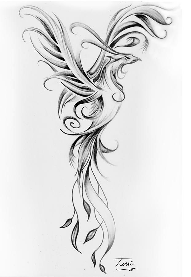 Beautiful grey ink flying phoenix tattoo design