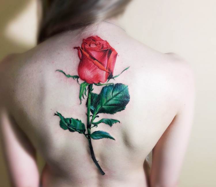 Beautiful women back red rose tattoo by Vasilii Suvorov