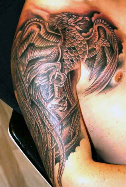 Black 3D Manly Phoenix Tattoo On Arm, Shoulder and Chest