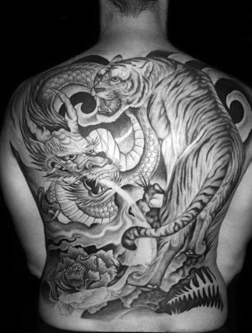 Black And White Masculine Tiger and Dragon Tattoo On Man Full Back