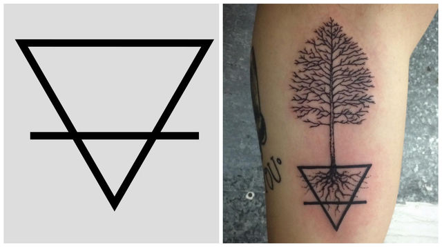 Black Aristotelian earth tree tattoo design on inner arm