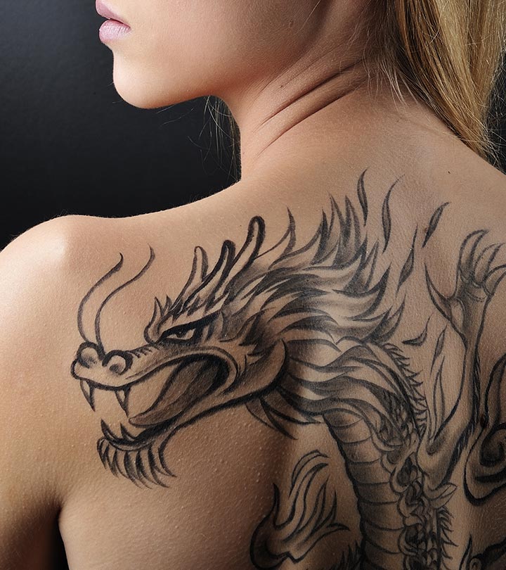 Black & Grey Japanese Dragon Tattoo On Girl Back