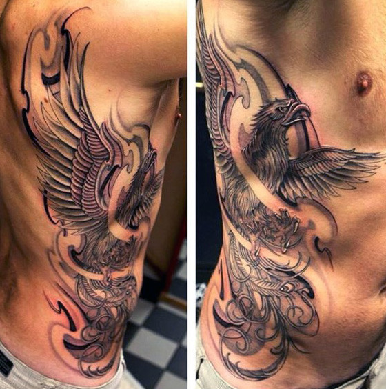 Black Ink Men’s Phoenix Tattoo On Side Ribs