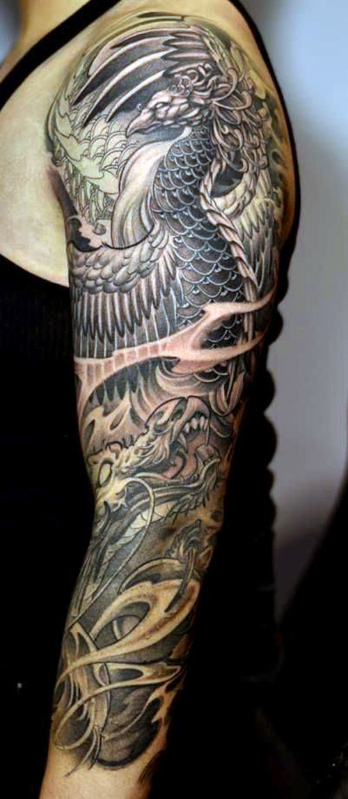 Black Ink Mystical Dragon Tattoo On Full Sleeve