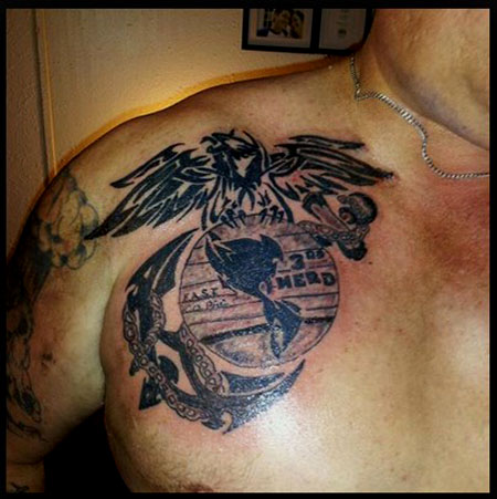 Black Ink Tribal Eagle , Globe, and Anchor Chest Tattoo For Men