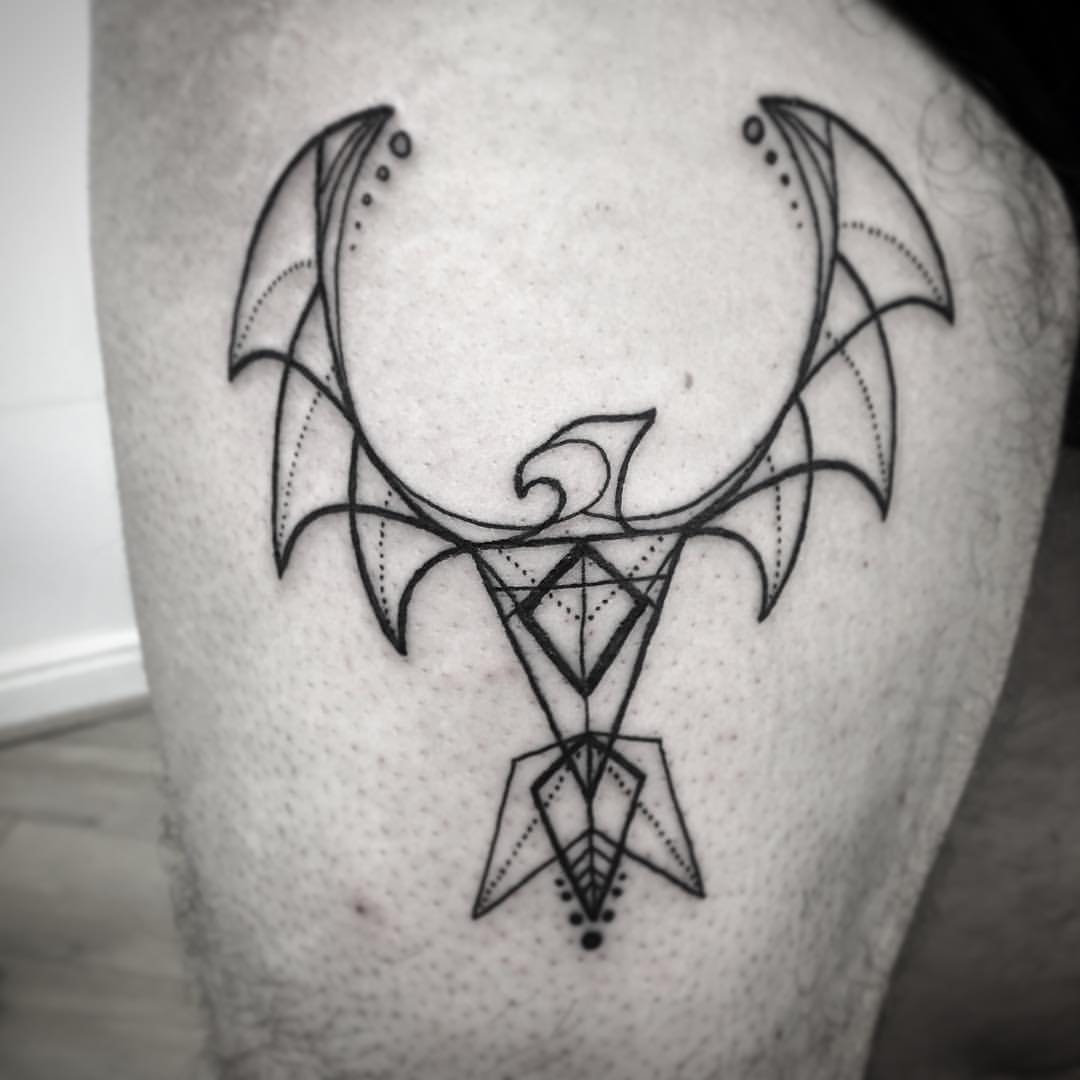 Black Outline Geometrical Designed Phoenix Tattoo On Male Thigh