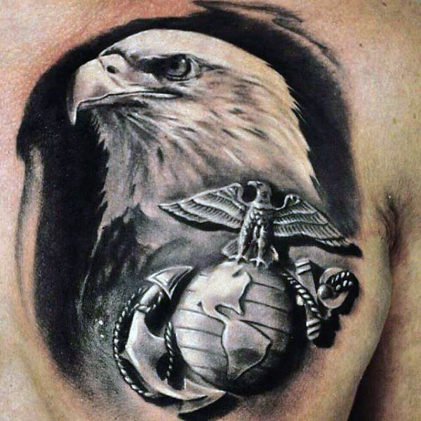 Black & White Realistic Marine Bald Eagle, Anchor & Globe Guys Chest Tattoos