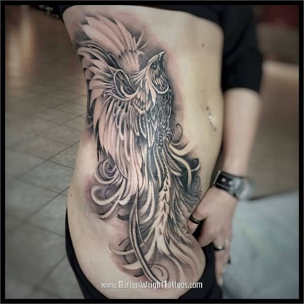 Black & White Realistic Rising Phoenix Tattoo On Girl Siderib
