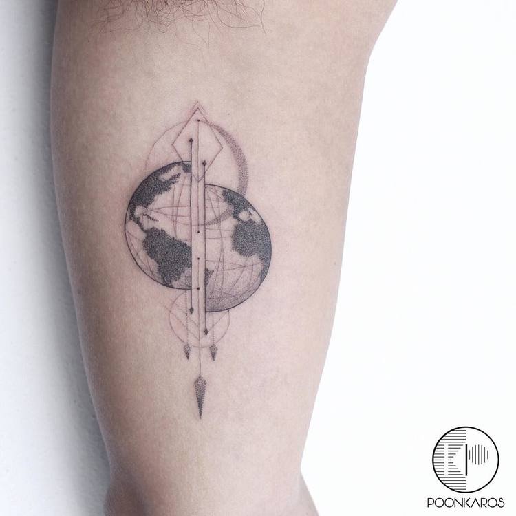 Black and grey fine line earth tattoo on body by Poonkaros