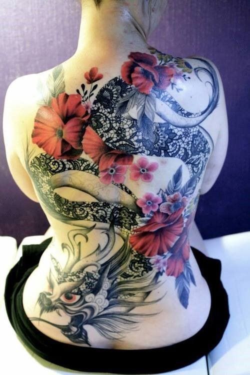 Black and red dragon flowers tattoo on full back for women