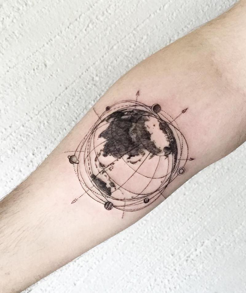 Black and white shaded earth tattoo with grid on arm by Hongdam