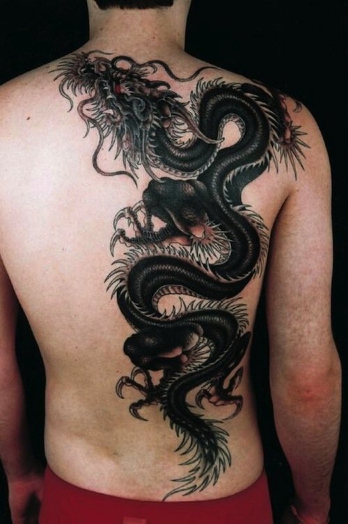 Black Chinese dragon tattoo on the right back