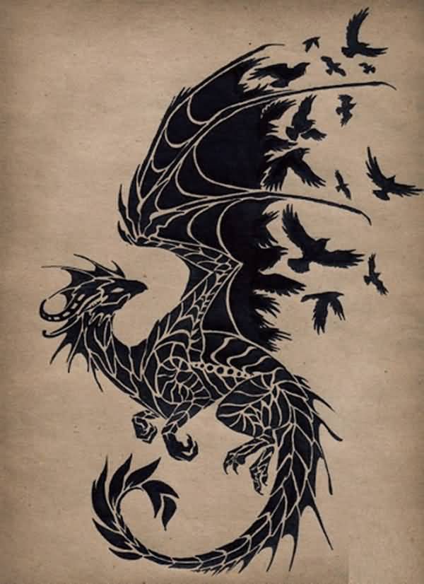 Black dragon and raven tattoo