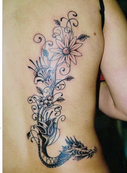Black dragon flowers tattoo on right back for women