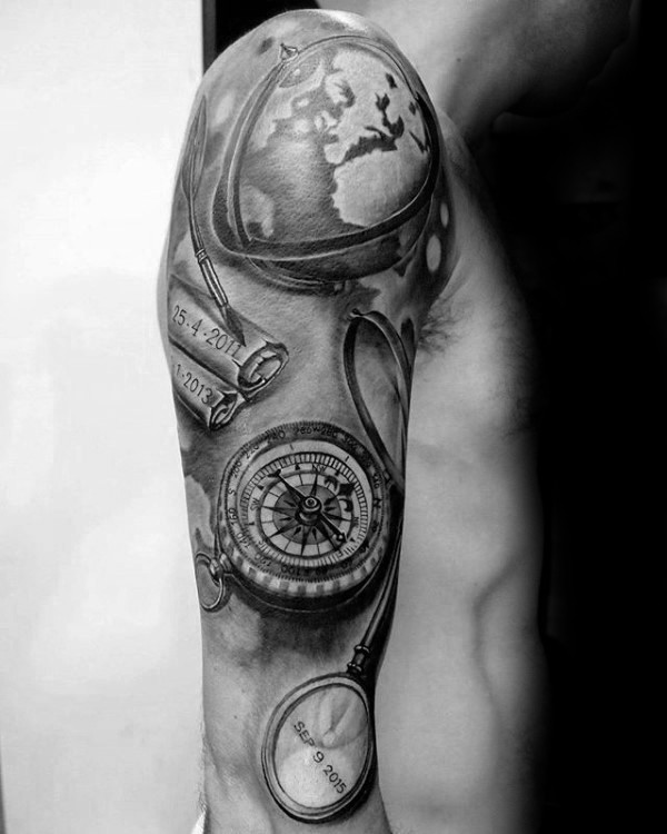 Black globe with stethoscope and compass tattoo on right arm