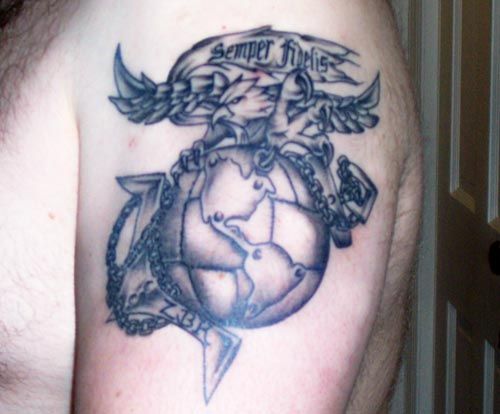 Black & grey eagle globe and anchor tattoo on men shoulder