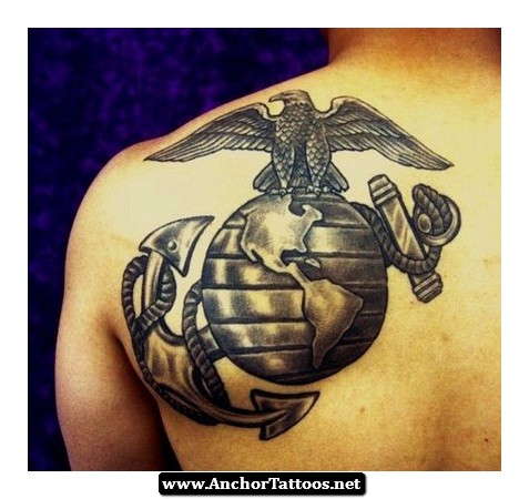 Black shaded globe, eagle and anchor tattoo on left upper back for men