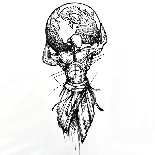 Black sketched man holding earth tattoo design