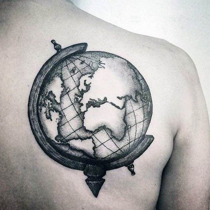 Black tilted 3d earth on globe tattoo on right upper back