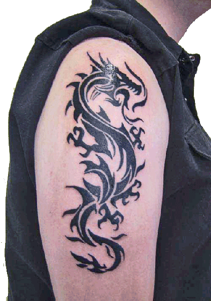 Black tribal dragon tattoo on right arm