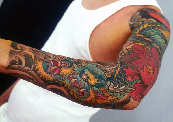 Blue And Yellow Dragon With Flower Men’s Full Arm Tattoo