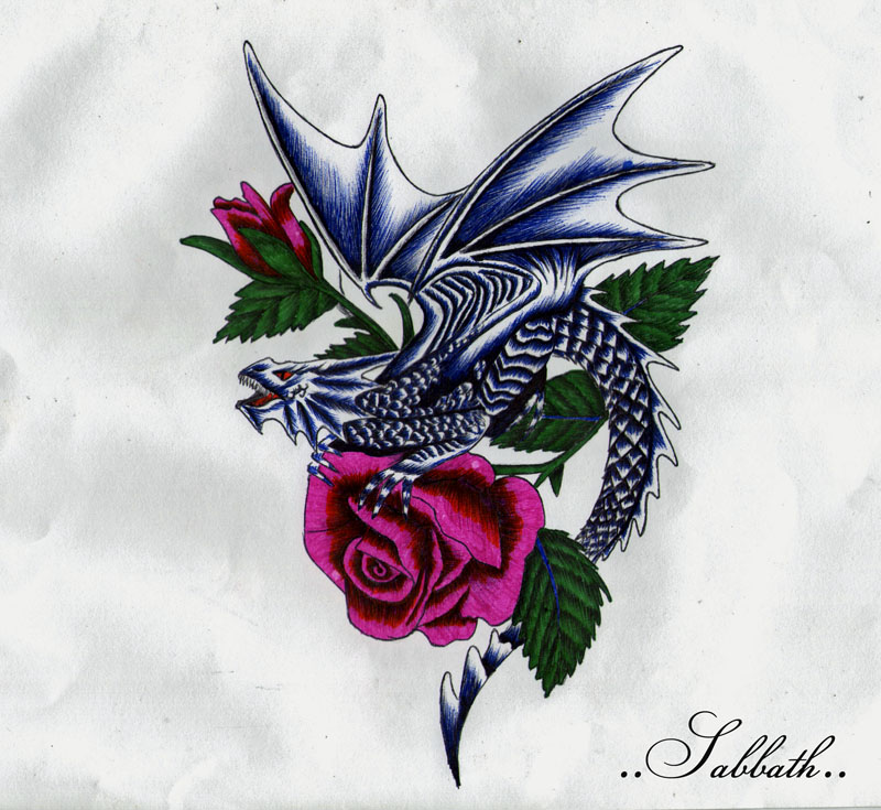 Blue Dragon With Pink Roses Tattoo Design